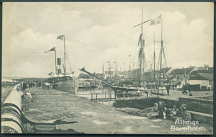Allinge, havneparti med sejlskib og rutebåd. Ad. Møller u/no. Kvalitet 8