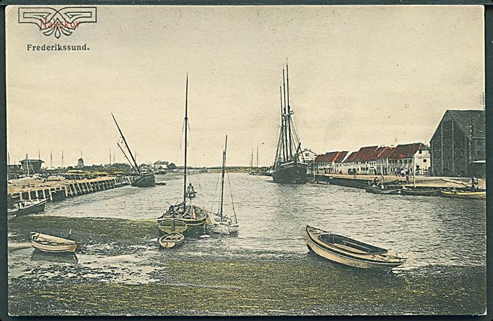 Frederikssund, havneparti med sejlskibe. L. Christensen no. 103. Oprindelig fejltrykt “Nakskov”. Kvalitet 8