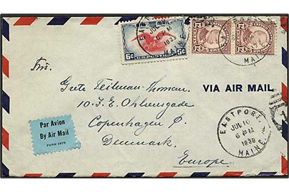 6 c. Luftpost og 12 c. Cleveland i parstykke på luftpostbrev fra Eastport d. 10.7.1939 til København, Danmark.