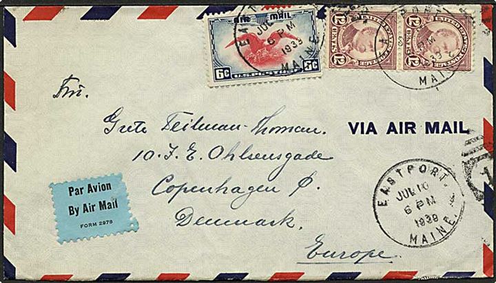 6 c. Luftpost og 12 c. Cleveland i parstykke på luftpostbrev fra Eastport d. 10.7.1939 til København, Danmark.