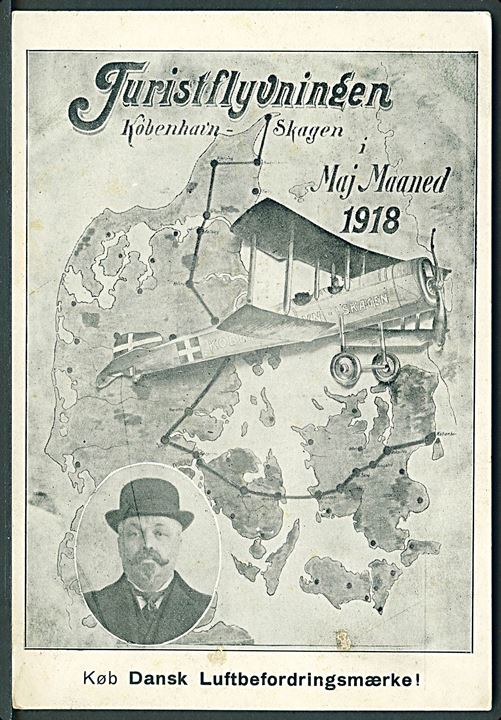 Turistflyvningen København - Skagen 1918. Køb dansk Luftbefordringsmærke. Reklamekort. J. Erlind u/no. Kvalitet 6