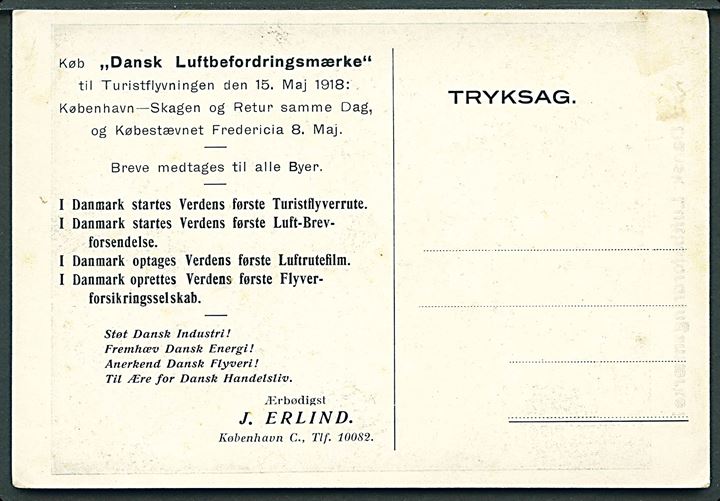 Turistflyvningen København - Skagen 1918. Køb dansk Luftbefordringsmærke. Reklamekort. J. Erlind u/no. Kvalitet 6