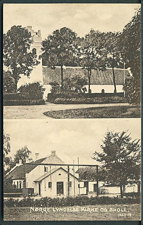 Nørre Lyndelse, kirke og skole. O. Sørensen no. 1623. Kvalitet 9