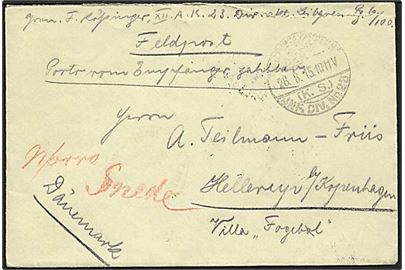 Ufrankeret tysk feltpostbrev stemplet Feldpostexpedition der 1. JNF.-DIV.Nr.23 d. 28.8.1915 til Hellerup, Danmark.