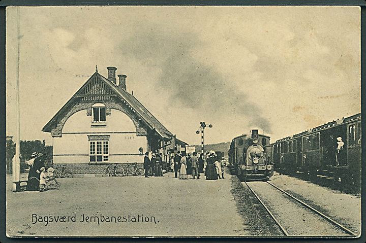 Bagsværd, jernbanestation med damptog. Stenders no. 15255. Bureaustempel Kjøbenhavn-Slangerup. Kvalitet 7