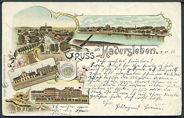 Haderslev, “Gruss aus” med kaserne, banegård og havn. Glückstadt & Münden no. 2630. Kvalitet 7