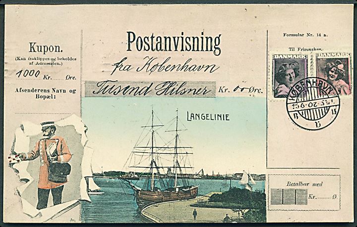 Købh., “Postanvisning” med Langelinie og sejlskib. A. Vincent no. 4047. Kvalitet 8