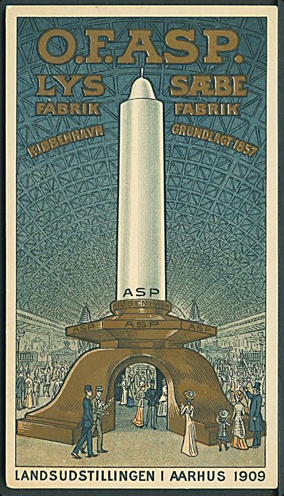 Reklame. O. F. Asp Lysfabrik på Landsudstillingen i Aarhus 1909. Reklamekort med tryk på begge sider. Kvalitet 7