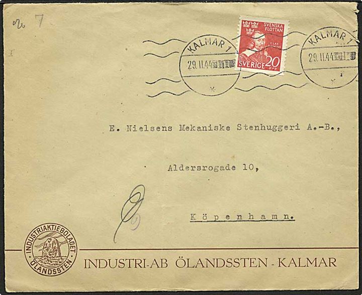 20 öre Svenska Flottan på brev fra Kalmar d. 29.11.1944 til København, Danmark. Åbnet af tysk censur med dansk banderole og Zensurstelle k stempel.