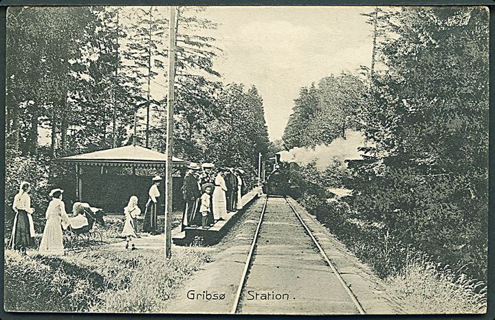 Gribsø station (trinbræt) med damplokomotiv. Stenders no. 6262. Kvalitet 8