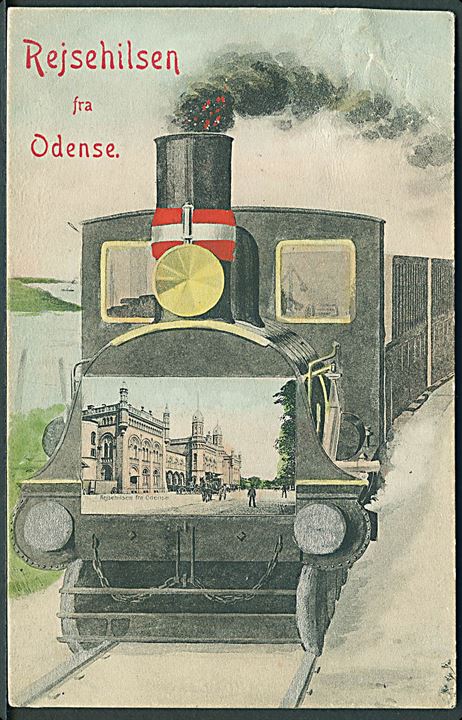 Odense, “Rejsehilsen” med lokomotiv og prospekt af Vestbanegaarden. Stenders no. 4694. Kvalitet 7