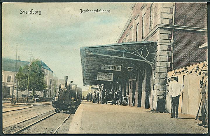 Svendborg, jernbanestation med damptog. P. Alstrup no. 3396. Kvalitet 7