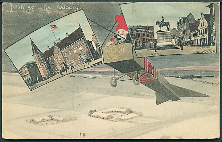 Aalborg, nisse i flyvemaskine med prospekter fra Aalborg. Tegnet af Fritz Kraul. Stenders no. 24806. Kvalitet 7