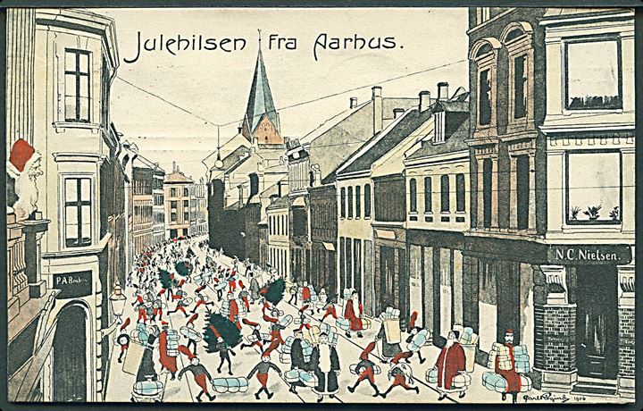Aarhus, nisser i gadebilledet. Tegnet af Carl Røgind. Stenders no. 7972. Kvalitet 7