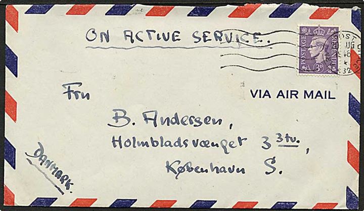 3d George VI på OAS brev stemplet Army Post Office 432 (= Hamburg) d. 20.8.1946 til København, Danmark. Fra dansk postcensor ved 3. District Censorship Station i Hamburg.