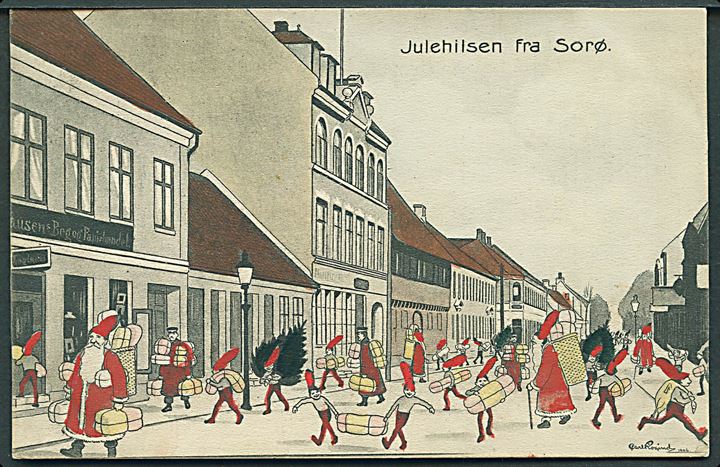 Sorø, nisser i gadebilledet. Tegnet af Carl Røgind. A. Clausen no. 8576. Kvalitet 8