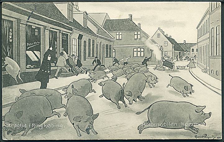 Ringkjøbing, “Automobilen kommer”. Tegnet af Carl Røgind. N. P. Holm no. 6815. Kvalitet 8