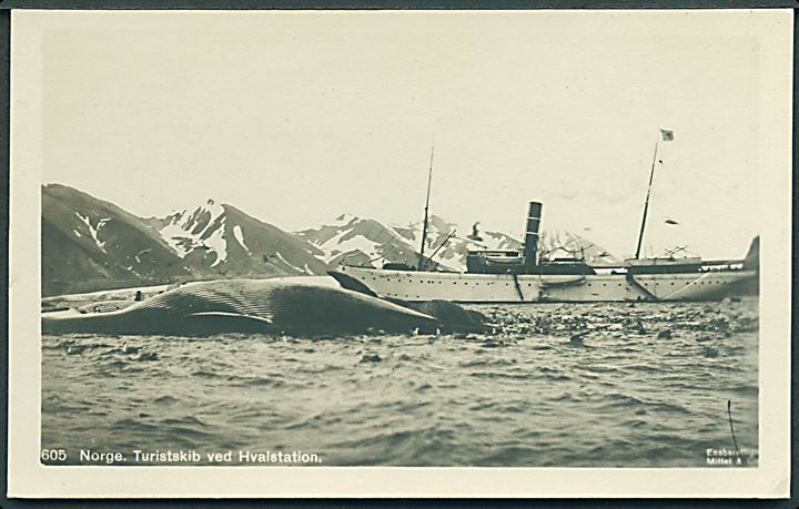 Svalbard. Turistskib S/S “Kong Harald” ved hvalstation. Mittet & Co. no. 605. Kvalitet 9