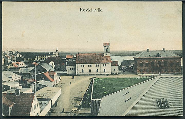Reykjavik, byparti med domkirken. B. Jonsson u/no. Anvendt fra Isafjördur 1909. Kvalitet 8