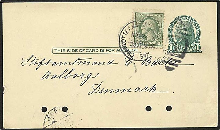 Amerikansk 1 cent helsagsbrevkort opfrankeret med 1 cent og stemplet Charlotte Amalie, Saint Thomas d. 24.11.1919 til Ålborg, Danmark. Arkiv huller.