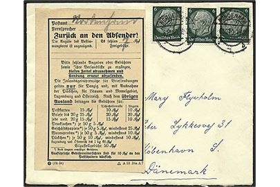 6 pfg. Hindenburg på underfrankeret brev fra Hordenham d. 6.10.1940 til København, Danmark. Fra dansk dampskib S/S Axel Carl (Dampskibsselskabet Heimdal). Returneret til afsender med formular vedr. manglende porto.