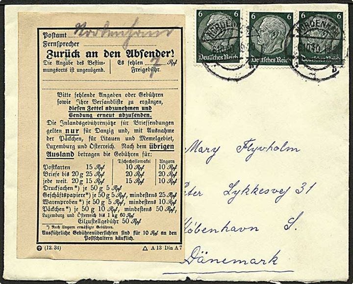 6 pfg. Hindenburg på underfrankeret brev fra Hordenham d. 6.10.1940 til København, Danmark. Fra dansk dampskib S/S Axel Carl (Dampskibsselskabet Heimdal). Returneret til afsender med formular vedr. manglende porto.
