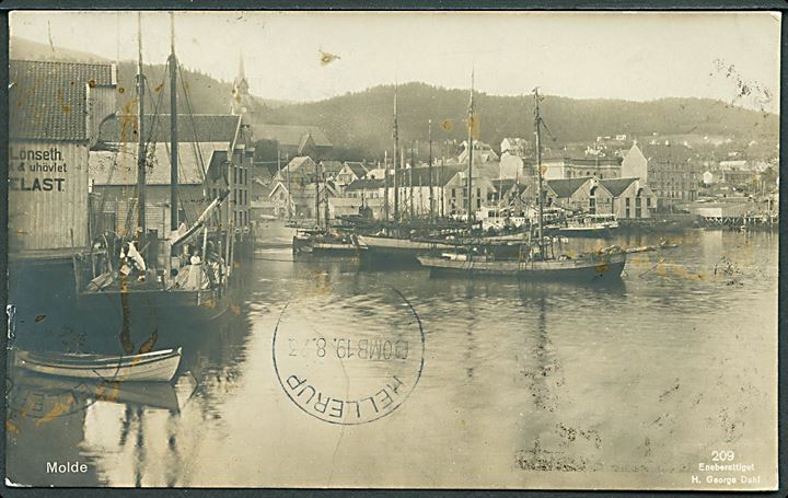 Molde, havneparti med sejlskibe og fiskefartøjer. H. George Dahl no. 209. Stemplet Åndalsnesruten 1923. Kvalitet 7