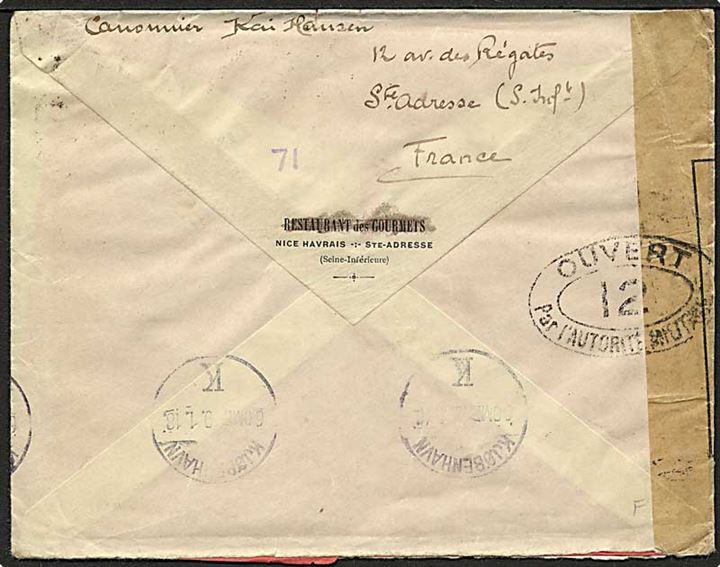 15 c. Såerske i parstykke på brev stemplet Le Havre (Special) d. 23.12.1916 til København, Danmark. Åbnet af fransk censur.