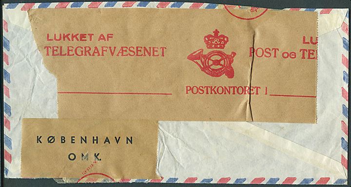 15 øre Frimærkejubilæum på lokalbrev i København d. 21.2.1952. Stemplet Indgået beskadiget  Omkarteringspostkontoret og lukket med forskellige etiketter.