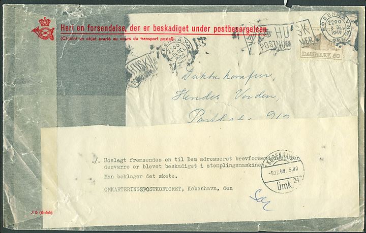 80 øre Dansk Sanvirke på tryksag sendt lokalt i København d. 8.12.1969.  Ilagt pergamyn kuvert Heri en forsendelse, der er beskadiget under postbesørgelsen med vedlagt meddelelse fra Omkarteringspostkontoret d. 9.12.1969.