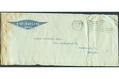 Brev fra London d. 14.8.1939 til København, Danmark. Beskadiget af vand med affaldet frimærke. Crash brev fra British Airways Ltd. Lockheed 14 G-AESY's styrt ved Storstrømsbroen d. 15.8.1939. 