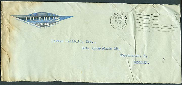 Brev fra London d. 14.8.1939 til København, Danmark. Beskadiget af vand med affaldet frimærke. Crash brev fra British Airways Ltd. Lockheed 14 G-AESY's styrt ved Storstrømsbroen d. 15.8.1939. 