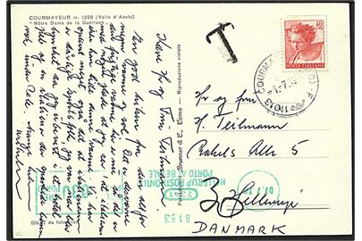 40 l. på underfrankeret brevkort fra Courmayeur d. 1.7.1970 til Hellerup, Danmark. 30 øre grønt porto-maskinstempel fra Hellerup Postkontor d. 7.7.1970.