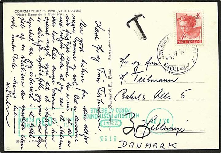 40 l. på underfrankeret brevkort fra Courmayeur d. 1.7.1970 til Hellerup, Danmark. 30 øre grønt porto-maskinstempel fra Hellerup Postkontor d. 7.7.1970.