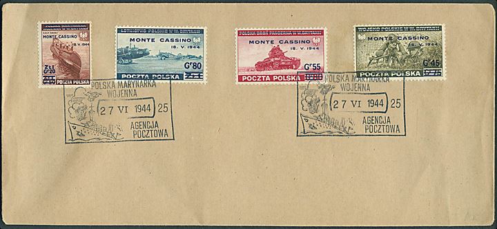 Polsk eksilpost. Monte Cassino provisorium på uadresseret kuvert annulleret med polsk eksil marinepost stempel no. 25 d. 27.6.1944. 