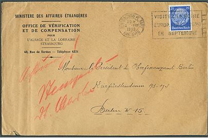 25 pfg. Hindenburg på fortrykt kuvert fra det franske Udenrigsministerium annulleret med fransk stempel i Strassbourg d. 3.8.1939 til Berlin, Tyskland. Ikke udtakseret i porto.