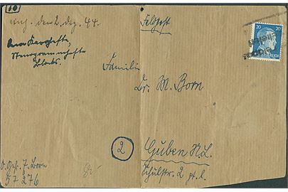 20 pfg. Hindenburg på forside af feltpost-pakke annulleret med ramemstempel til Guben, Tyskland ca. 1943-44. Sendt fra soldat ved Feldpost-nr. 57276 = Stab u. 1.-4. Kompanie I. Polizei-Wach-Bataillon Dänemark.