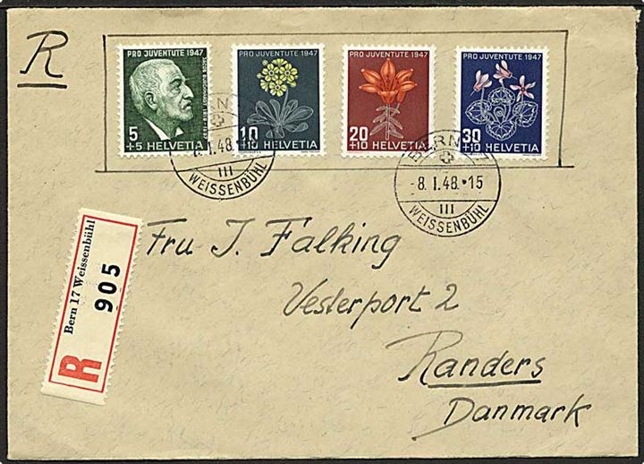 Komplet sæt Pro Juventute 1947 på anbefalet brev fra Bern d. 8.1.1948 til Randers, Danmark.