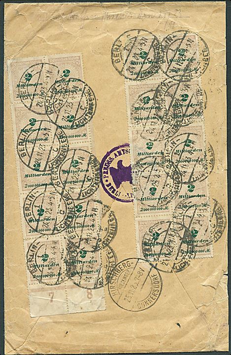 2 mia.mk. (24) Infla udg. på for- og bagside af 48 mia. mk. frankeret anbefalet brev fra Berlin d. 24.11.1923 til Hirschberg. Noget nusset.