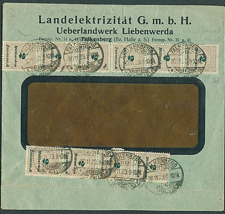 2 mia. mk. (10) Infla udg. på Vierfach frankeret 40 mia. mk. rudekuvert fra Falkenberg d. 30.11.1923.  