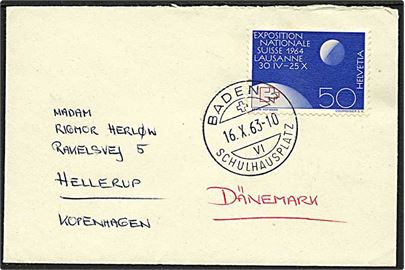50 c. Lausanne Udstilling på lille brev fra Baden d. 16.10.1963 til Hellerup, Danmark.