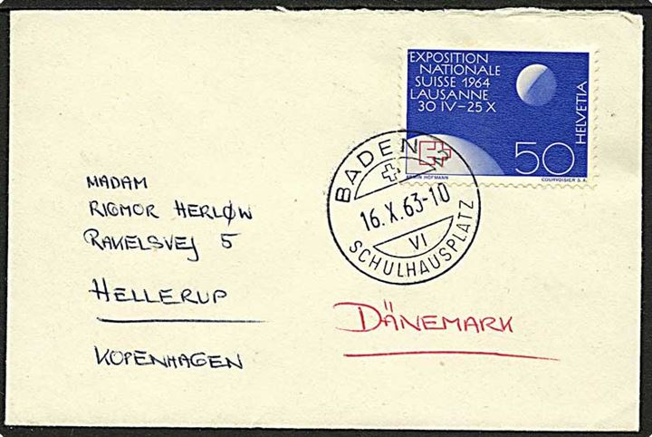 50 c. Lausanne Udstilling på lille brev fra Baden d. 16.10.1963 til Hellerup, Danmark.