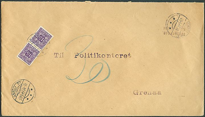 Ufrankeret brev stemplet brotype IIc Anholt By d. 24.5.1942 til Politikontoret i Grenaa. Udtakseret i enkeltporto med 15 øre Portomærke i parstykke stemplet Grenaa d. 27.5.1942.