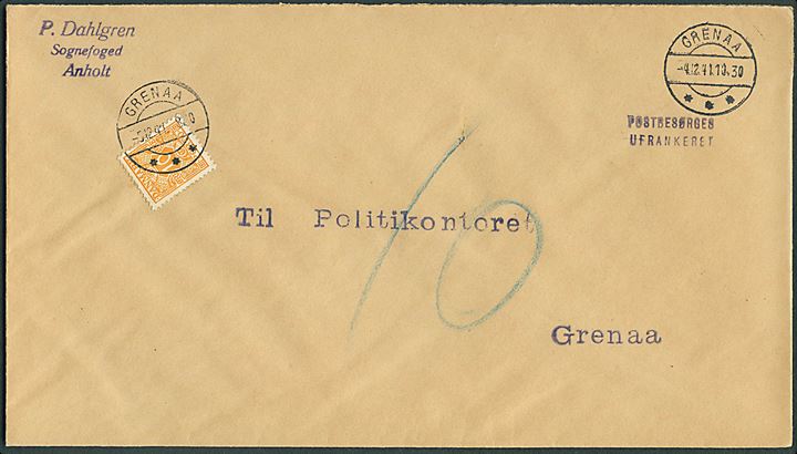 Ufrankeret brev fra Sognefogeden på Anholt stemplet Grenaa d. 4.12.1941 til Politikontoret i Grenaa. Udtakseret i enkeltporto med 10 øre Portomærke stemplet Grenaa d. 5.12.1941.