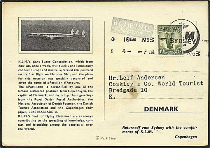Australsk 1 sh. Lyre Bird single på brevkort (Postbud med brevmappe) sendt som luftpost fra Sydney 1954 til København, Danmark. Reklamekort for KLM's ruteflyvning mellem Europa og Australien. Udgivet i samarbejde med Postvæsnet, Dansk Turist Forening og Ekstrabladet.