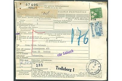 1,40 kr. Tre Kroner og 5 kr. Slot på internationalt adressekort for pakke fra Malmö d. 6.5.1965 via Trelleborg til Wien, Østrig. Liniestempel via Lübeck.
