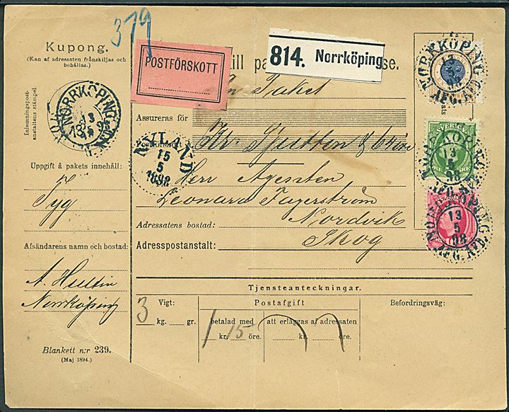5 öre, 10 öre Oscar og 1 kr. Ringtype på adressekort for pakke med opkrævning fra Norrköping d. 13.5.1898 via Nyland til Skog.