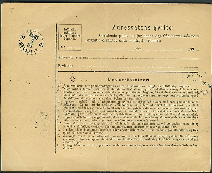 5 öre, 10 öre Oscar og 1 kr. Ringtype på adressekort for pakke med opkrævning fra Norrköping d. 13.5.1898 via Nyland til Skog.