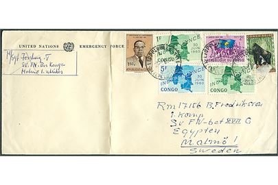 Belgisk Congo og Congo udg. på blandingsfrankeret fortrykt FN-kuvert fra svenske FN-Bataillon i Leopoldville d. 27.4.1963 til svensk FN-soldat i Gaza. Fold.