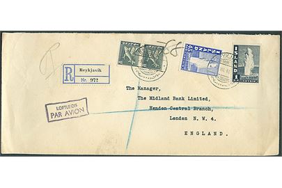 10 aur Sild (2), 45 aur og 1 kr. Geysir på anbefalet luftpostbrev fra Reykjavik d. 9.7.1946 til London, England.